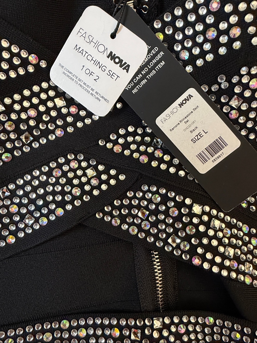 FashionNova Embellished Black Cutout Set ((Sz L Ptp 16”-18”) (skirt 14.5”-18”) - Picture 3 of 5